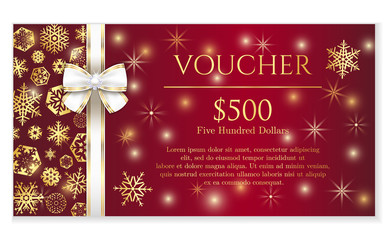 Wall Mural - Luxury red Christmas voucher with golden snowflakes and white ribbon