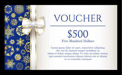 Wall Mural - Luxury Christmas voucher with golden snowflakes on blue background and with white ribbon