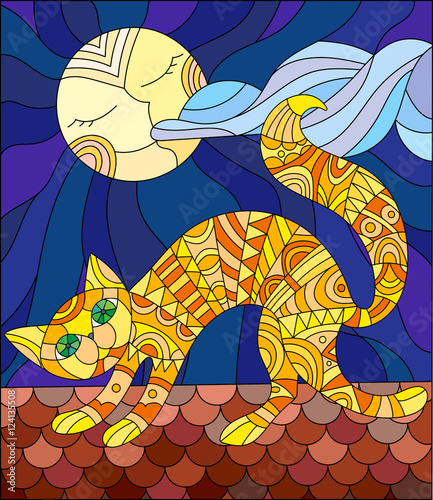Tapeta ścienna na wymiar Illustration in stained glass style with red cat running across the roof of the house in the background of the moon and the sky