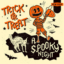 Set Of Retro Vintage Halloween Design Elements Including Signs, Lettering And Hand Drawn Characters. Vector Illustration