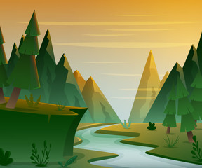 Cartoon forest landscape with mountains, river and fir-trees. Sunset or sunrise scenery background. Vector illustration.