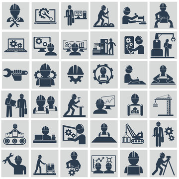 Engineer construction equipment machine operator managing and manufacturing icons flat set isolated vector illustration