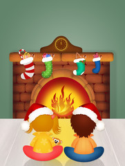 Sticker - children by the fireplace on Christmas Eve