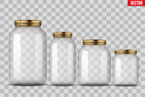 Fototapeta  - Set of Glass Jars for canning and preserving. With cover and without lid. Vector Illustration isolated on transparent background.