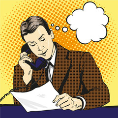 Businessman talking by phone and reading documents. Vector illustration in retro pop art comic style