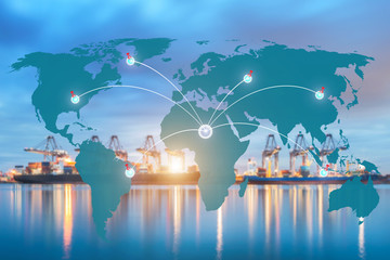 Map global logistics partnership connection of Container Cargo freight ship for Logistics Import Export background