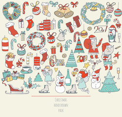 Naklejka na meble Christmas set of hand drawn doodles in simple graphic style. Vector colorful illustration with christmas accessories as christmas tree, decoration, santa and more in blue, red, yellow colors on beige