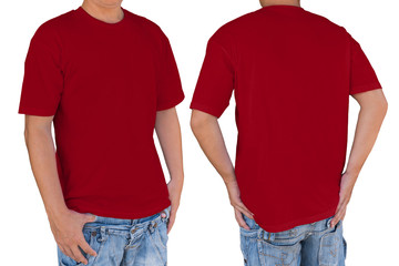 Man wearing blank Carmine red t-shirt with clipping path, front