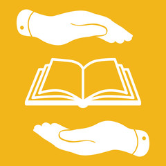 Wall Mural - white book icon in flat hands isolated on yellow background- vec