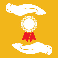 two hands protecting badge with red ribbons icon - vector illust