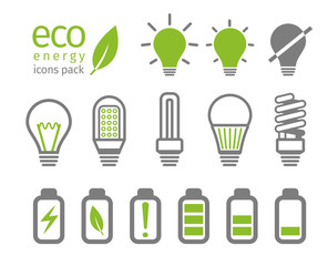 Eco light bulb and battery icon set. Vector illustration