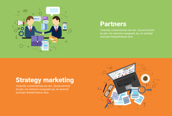 Businessman Partners Shake Hand Partnership, Digital Marketing Strategy Plan Business Web Banner Flat Vector Illustration