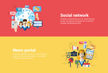Poster - social media network internet connection communication, news portal application web banner flat vect