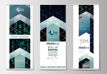 Set of roll up banner stands, flat design templates, geometric style, corporate vertical vector flyers. Virtual reality, code streams glowing on screen, abstract technology background with symbols.