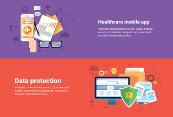 Poster - Data Protection, Medical Application Health Care Medicine Online Web Banner Flat Vector Illustration
