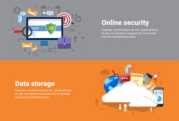 Fototapete - Cloud Computing Database Storage Services, Online Security Data Protection Web Technology Banner Flat Vector Illustration
