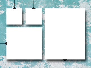 Wall Mural - Four blank square and rectangular frames on aqua scratched plastered wall background