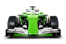 Front View Of A Green Race Car And Driver On A White Isolated Background. 3d Rendering