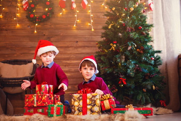 Wall Mural - Boys with Christmas gifts.