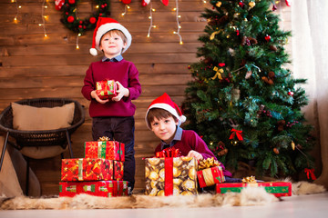 Wall Mural - Family New Year and Christmas. Children and Christmas gifts.