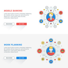 Wall Mural - set of flat line business website banner templates. vector illustration. modern thin line icons in c