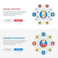 Wall Mural - set of flat line business website banner templates. vector illustration. modern thin line icons in c