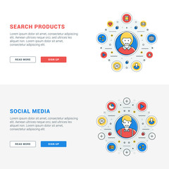 Wall Mural - set of flat line business website banner templates. vector illustration. modern thin line icons in c