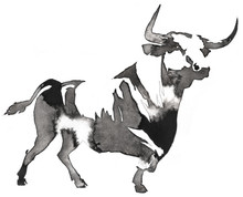 Black And White Monochrome Painting With Water And Ink Draw Bull Illustration