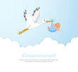 Cartoon stork in sky with baby. Design template for greeting card, baby shower invitation, banner. Congratulations to the newborn.
