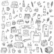 Hand drawn doodle set of Brewery icons. Vector illustration set. Cartoon Craft Beer production symbols. Sketchy brewing elements collection: pub equipment, malt, hop, glass, barrel, mill, beer tap.