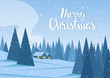 Vector illustration: Winter landscape with two houses in forest and handwritten lettering of Merry Christmas.