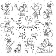  Hand drawn doodle set of Santa Claus icon. Vector illustration. Cartoon red hat Happy new year Santa Claus symbol Sketchy funny Merry Christmas element Traditional december holiday present decoration.