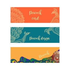 Poster - Horizontal colorful banners set with peacocks, vector illustration