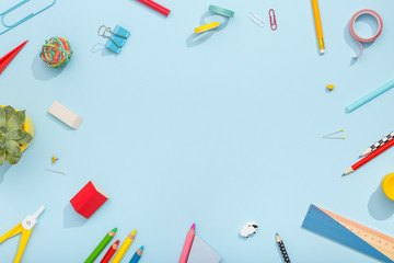 Back to school concept. School and office supplies on office table.