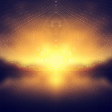 Wonderful Blurred Landscape With Transparent Geometric Patterns And Stars, Spirit Of The Sun And Flower Of Life, Visionary Art, Vector
