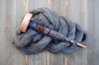 Drop spindle with yarn made of sheep wool