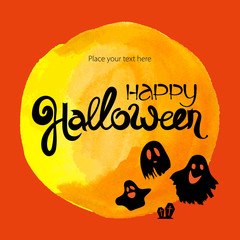 Wall Mural - Happy Halloween abstract ink lettering. Ghosts and graves horror card template with words. Yellow and orange festive illustration. Holiday moon watercolor background