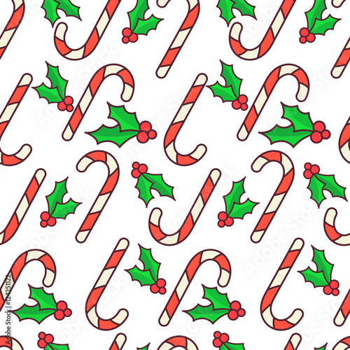 Stoffe zum Nähen Vektor Musterdesign. Zuckerstangen und Holly Berry. Weihnachts Geschenkpapier Papier-Design. Weißem Hintergrund