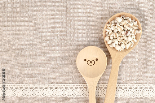 Fotografie, Obraz jobs tears grain seed with wooden spoon isolated on food mat, for background