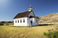 Bright White Little Church In The Badlands; Dorothy, Alberta, Canada