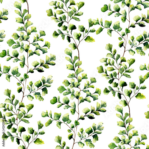 Foto-Gardine - Watercolor maidenhair fern leaves seamless pattern. Hand painted fern ornament. Floral illustration isolated on white background. For design, textile and background. (von yuliya_derbisheva)