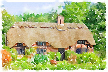Digital Watercolor Painting Of A Lovely Picture Postcard Quintessentially English Thatched Cottage In The New Forest In The UK On A Sunny Day. Picture Taken From A Public Place.