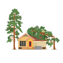 House Under Fallen Tree. Vector Illustration.