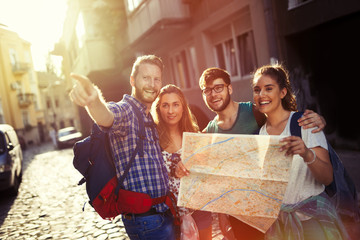 happy tourists exploring city