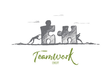 Vector hand drawn team concept sketch. Two men moving puzzle pieces towards each other to assemble it. Lettering Teamwork concept