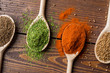 © Leszek Czerwonka - Overhead shot of aromatic herbs and spices on wooden table