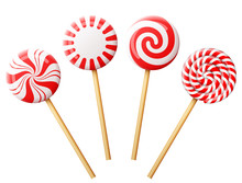 Set Of Christmas Candy On Wooden Stick. Striped Peppermint Lollipops Isolated On White. Vector Illustration For Christmas, New Years Day, Sweet-stuff, Winter Holiday, Dessert, New Years Eve, Etc