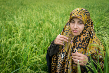 Wall Mural - Beautiful happy Muslim woman in green field