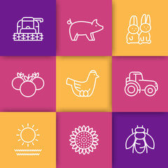 Wall Mural - Farm, ranch line icons set, hen and eggs, pig, crop, vegetables, sunflower, harvest, rabbits, vector illustration