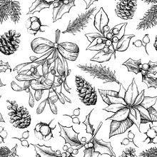 Christmas Botanical Seamless Pattern. Hand Drawn Vector Backgrou
